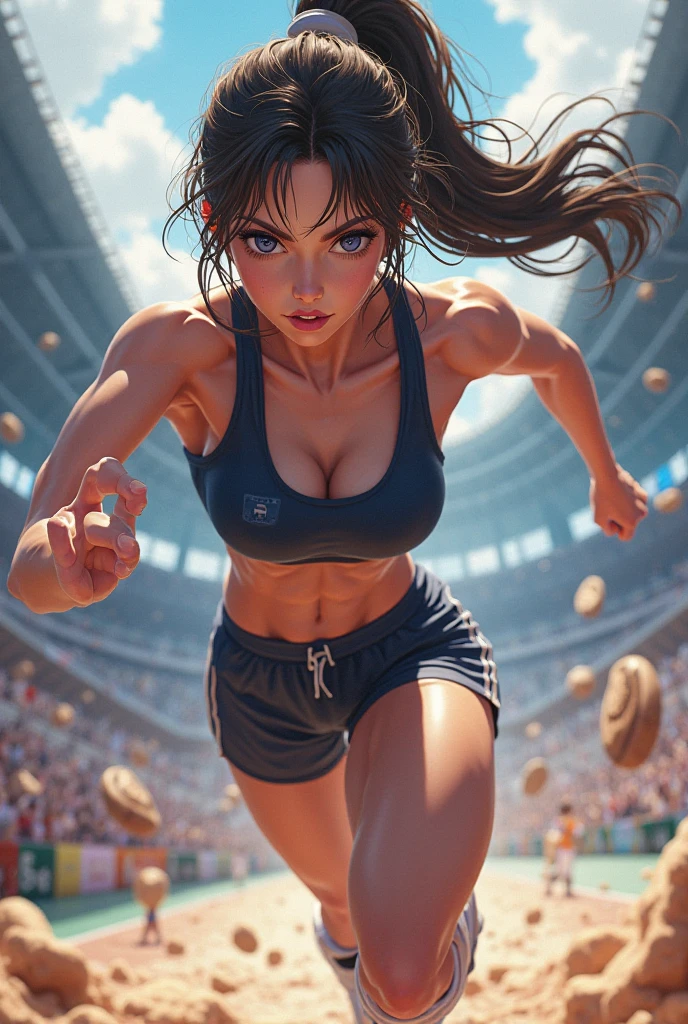 Photo of a 20 year old woman, Perfect Face, masterpiece, good, Sports bra,Racing Pants、good, Dynamic Perspective、Run at full speed、Sweat flying、Serious face、Crouching Style、Track and Field、Nipple swelling、Pussy Cameltoe