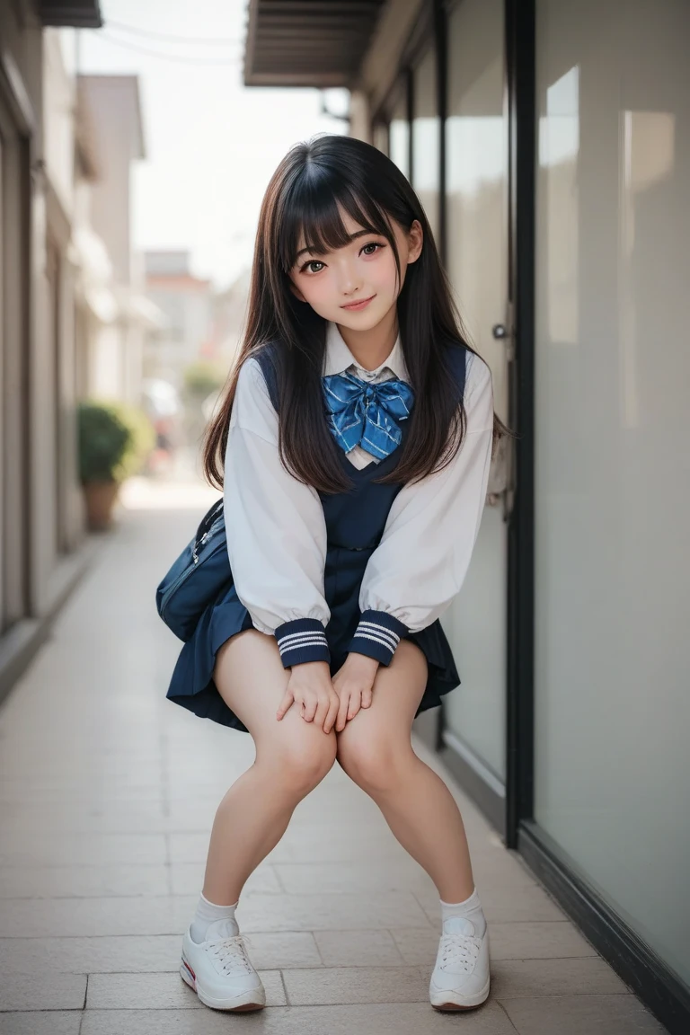 Kawaii Girl,japanes,14years、​masterpiece、Full Body Display、Full body posture、８K、Wearing a blazer uniform and short pleated skirt、squatting,I can see panties、With the best image quality、beautiful a girl, cute little,Black hair,poneyTail、 hight resolution, ultra-detailliert, finely detail, ighly detailed, extremely detailed eye and face, Sharp pupils,teenage girl squatting,In ultra-high resolution,Cute smile, Cinematic lighting,tranquil atmosphere、Beautiful fine details,extremely detailed eye and face、Smiling