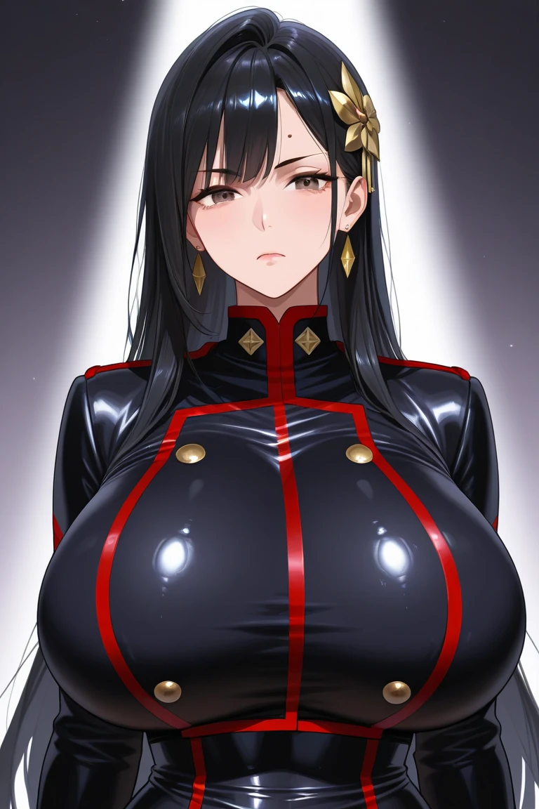 professional artwork, Intricate Details, field of view, sharp focus, detailed painting, photorealistic lighting, trending on pixiv, Standing at attention, black outfit ,yellow collared shirt,black and red bodysuit,skin_tight,black legwear, black pantyhose, Side_boob, black hair,very long hair, Bangs,yellow eyes,makeup, lipstick, 20yo,mature female,Beautiful Finger,Beautiful long legs,Beautiful body,Beautiful Nose,Beautiful character design, perfect eyes, perfect face, looking at viewer, NSFW,official art,extremely detailed CG unity 8k wallpaper, perfect lighting,Colorful, Bright_Front_face_Lighting, (masterpiece:1.0),(best_quality:1.0), ultra high res,ultra-detailed, hyperdetailed, photography, 8K, HDR, highres, absurdres:1.2, Kodak portra 400, film grain, blurry background, bokeh:1.2, lens flare, (vibrant_color:1.2) (Beautiful,large_Breasts:1.4), (beautiful_face:1.5),(narrow_waist), (solo:1.4), ((landscape dimension)), annerose, classroom