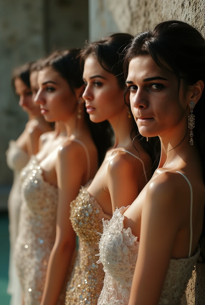 Isabel Merced, group of girls in dresses, (long bob_cut hair), choker, getting ready for a greek wedding, sunset, smiling, (kissing:1.2), (skin texture:1.1), (high detail face:1.1), full bodyshot, high detail body, high detail clothes, (big breasts:1.3),(masterpiece), (realistic), ultra high definition, 4k, ultra high resolution, cinematic lighting, rim lighting, photo by Arny Freytag, RAW image