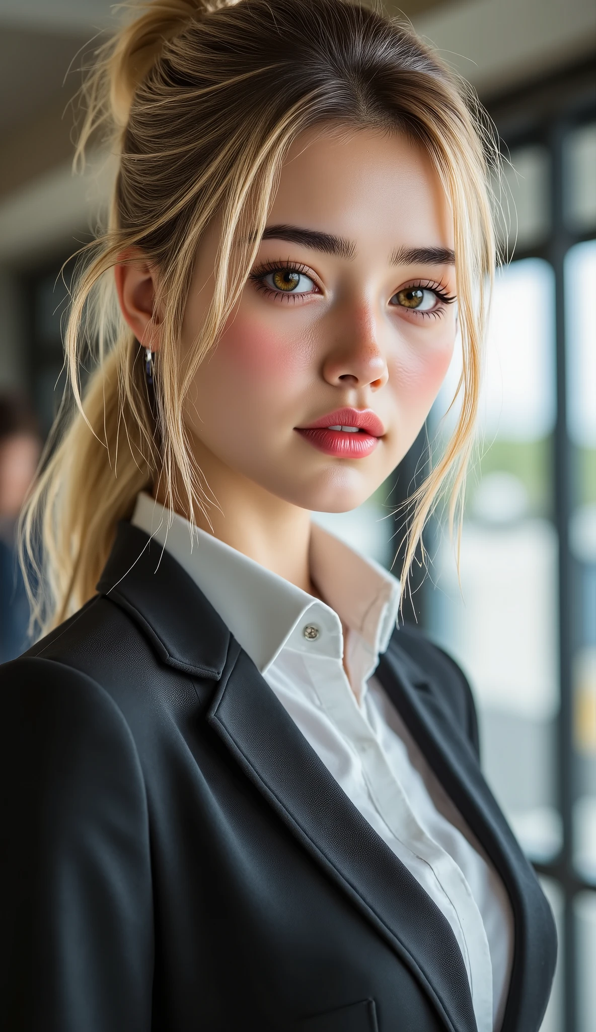  [Style: "masterpiece, realistic, (photorealistic Realism), ultra-detailed, Hyper high resolution" - "(Hyper quality, intricate ultra-detailed digital art)"](Key Directive: - ("The priority is the anatomical accuracy and texture of the materials" - "Ultra-sharp human eyes with biological accuracy") "Eyes:{(acid-resistant terminology)(macro-details:1.3): Moist corneal surface(visible aqueous layer:1.2)Hyper-detailed iris stroma ((brown:1.3) with gold flecks) Precise limbal ring (slightly neons pigmentation:1.25)Pupil micro-texture (irregular edge authenticity:0.9) * Vasculature in sclera(subtle red veins radiating from limbus)" - "Lashes: pink individual synthetic fibers (crosshatched roots,clump-free separation)" | Pose: "((full body combat-ready stance)) (plausible spinal twist)"Technical Specs:(Optics: - "Zeiss Otus85mm f/1.4 lens(eye refraction calculations:0.66)" - "Shutter Speed:1/500(freeze eye micro-movements)" - "Focus Stacking:7-point coverage on iris plane") (Post-Processing: - "Frequency separation for skin vs eye details" - "Selective sharpening: eyes180%,hair120%" - "Denoise: luminance20,color35(retain corneal speculars)")(Avoid: "pupil distortion, uncanny valley asymmetry, plastic-like wetness") a fairy tale-like picture , beautiful woman, full body photo, A well-drawn fairy tale, beautiful bizneswoman, , a fairytale-like picture , Detailed description, A well-drawn fairy tale, Vivid expression , Detailed facial features, Luxurious office Outfit, colorful, graceful posture, (slim-muscle body),((firm and full big breasts:1.4)) ["(slim belly, narrow waist, pertect ass, perfect thighs)"] Fantastic Backgrounds, magical atmosphere, Sophisticated contrast treatment, Detailed texture expression, Precision drawn with expert craftsmanship, Vibrant colors, Detailed texture expression,(Rendering engine: "Unreal Engine 5 path tracing, 16K texture maps") Anisotropic Filtering,Maximum Sharpness and Sharpness,Albedo and Specular maps,Surface Shading }