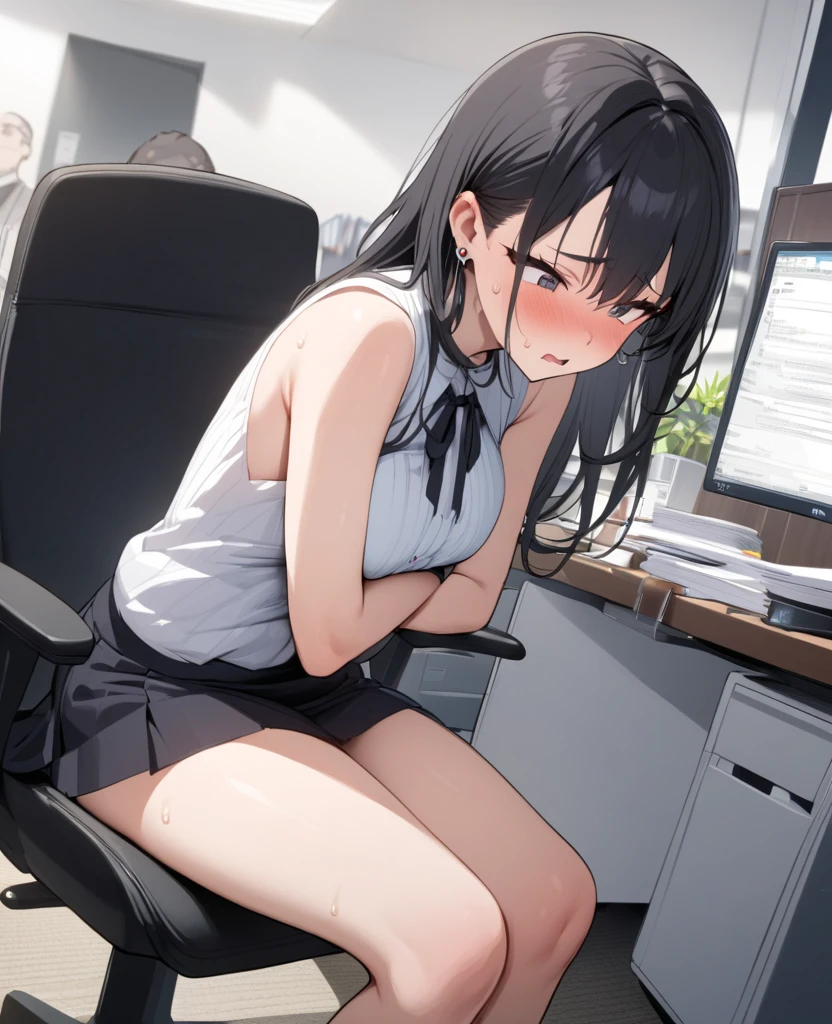 masterpiece, best quality, highres, HDR, 8k, a very beautiful japanese girl sucking penis at office, sitting chair,black hair, white shirt,mini skirt,bangs, man's lower body, fullbody,(cowboy shot:1.2),(from side:1.1),(facial:1.8),(cum on face:1.8),
