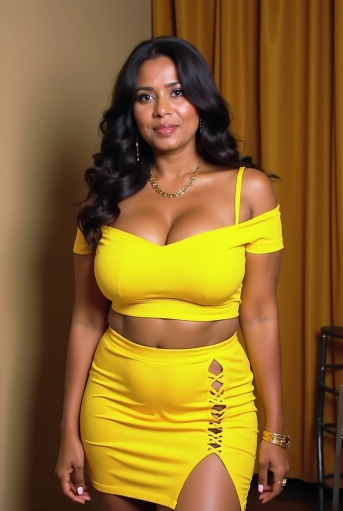 White American Natural overweight curvy beautiful Mature 40+ modern fancy aged women wearing-loose yellow short turtleneck glittering bodycon dress. Her big and longer breasts showing their big size s long earnings with blue blue eyelashes blue lipstick looking sexy while giving kissing selfie victorycpose teacher chair