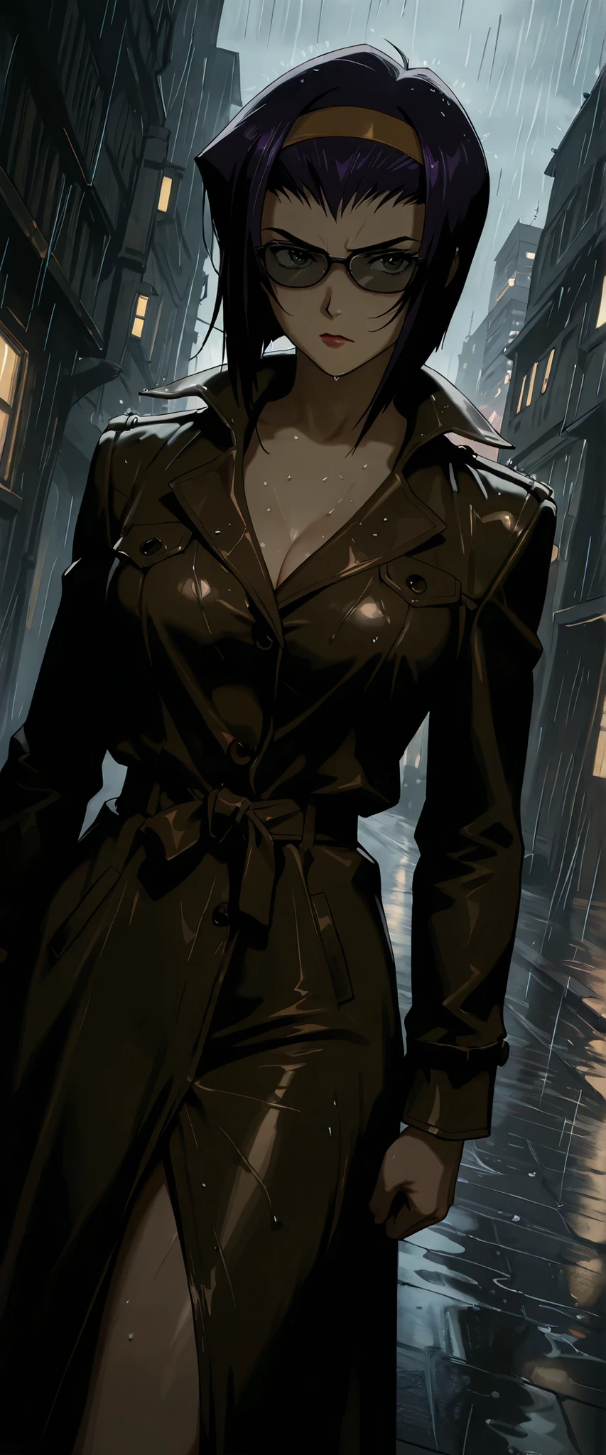 1 woman, faye valentine, dutch angle, purple hair, green eyes, dark trench coat, dark glasses, serious expression, outdoors, city dark alley, raining, chiaroscuro, masterpiece, high quality, highly detailed
