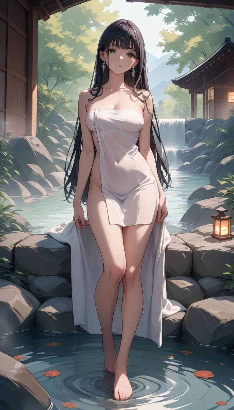 (perfect anatomy:1.2)(absurdres, highres, ultra detailed),masterpiece,best quality,high resolution,8k,Realistic face,Realistic skin texture,magnified textures, stunning clarity,detailed anime girl,(ultra detailed eyes and face),15 years old,black hair,(top not),pale skin,Japanese shrine maiden, mysterious eyes,(She hides her body with a white bath towel),thin body type,big breasts,small ass,(expressionless:1.2).(onsen:1.5) in Steampunk in the Edo Period、(Vivid hieroglyph signs and street advertisements:1.2)、sautumn、hieroglyph,look at far away,,Delicate atmosphere、sitting,midnight,Fantasy