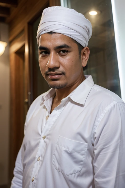 photo of an Indonesian man aged 50 years, white mustache and beard, no beard, wearing a white songkok, white shirt and brown sarong. On his right shoulder, he has a green turban. He is sitting relaxed cross-legged while holding a glass containing milk and in front of him there are two plastic bottles of milk on top. small table in the background of the preaching room containing Arabic calligraphy. Full HD 80k