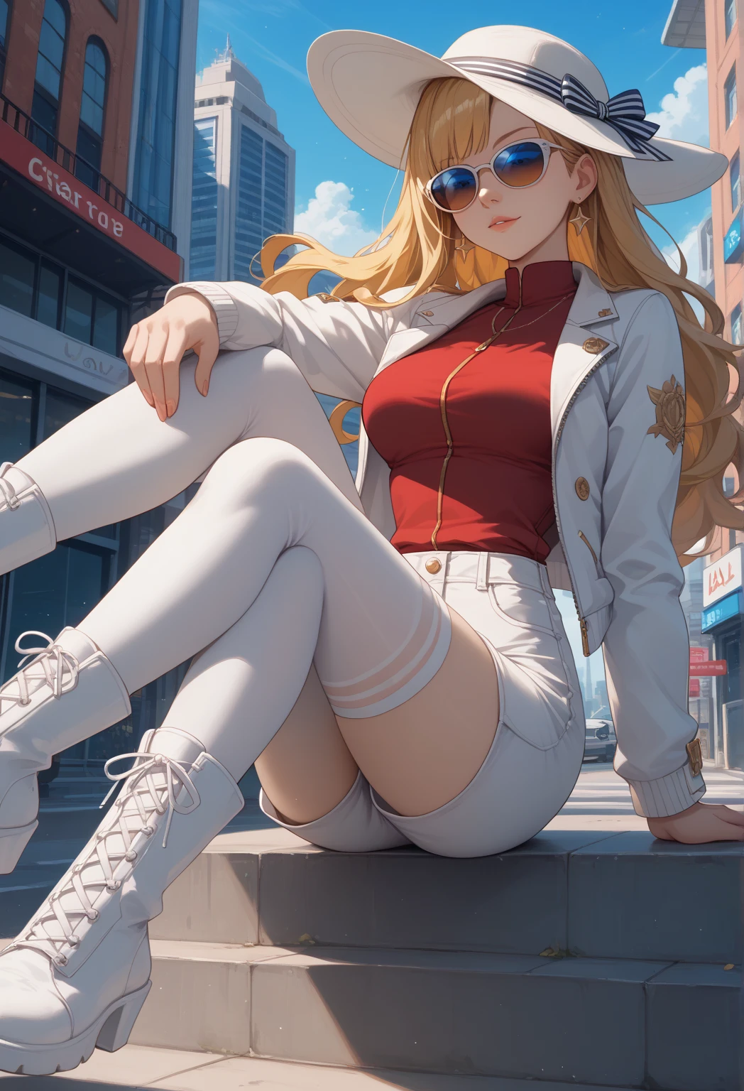 a sexy girl, with BLONDE hair, She is in the city, and is wearing a red jacket open over a WHITE BODY, Blonde with bangs, Blue eyes, visible nipple, view from behind sitting