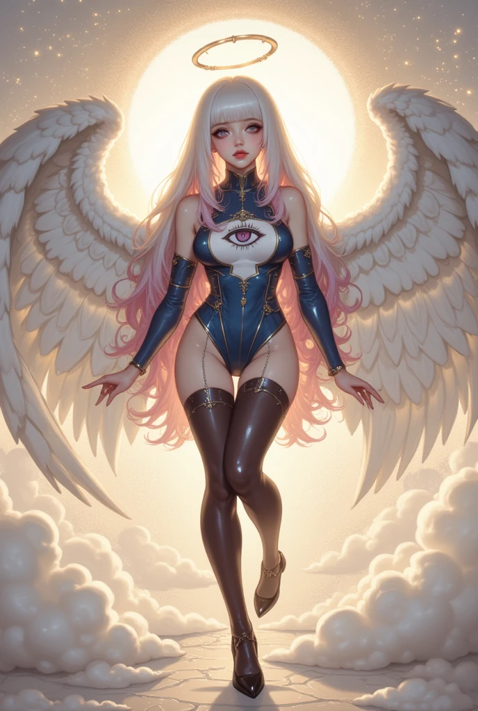 A young 15- yr old native European girl with lovely charminvg face,( brown skin texture masterpiece), (perfect full body detailed anatomy), (Super accessories detailed), (meditating ), (perfect detailed glowing bright eyes),(short  illuminating pink crystalized hair)，((expose big hard erect nipples))(( exposed panty ))(legs wide open showing pussy line)(( Wearing transparent illuminating costume of an angel))，holding a treasure swords (( illuminating different lights covering the sorrounding atmosphere)) Has beautiful large white wings, The character solemnly praying 