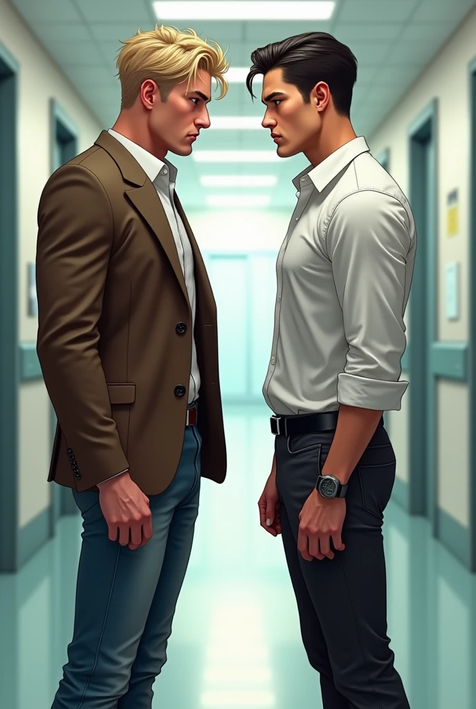 Two handsome men having a friendly discussion in an office at night