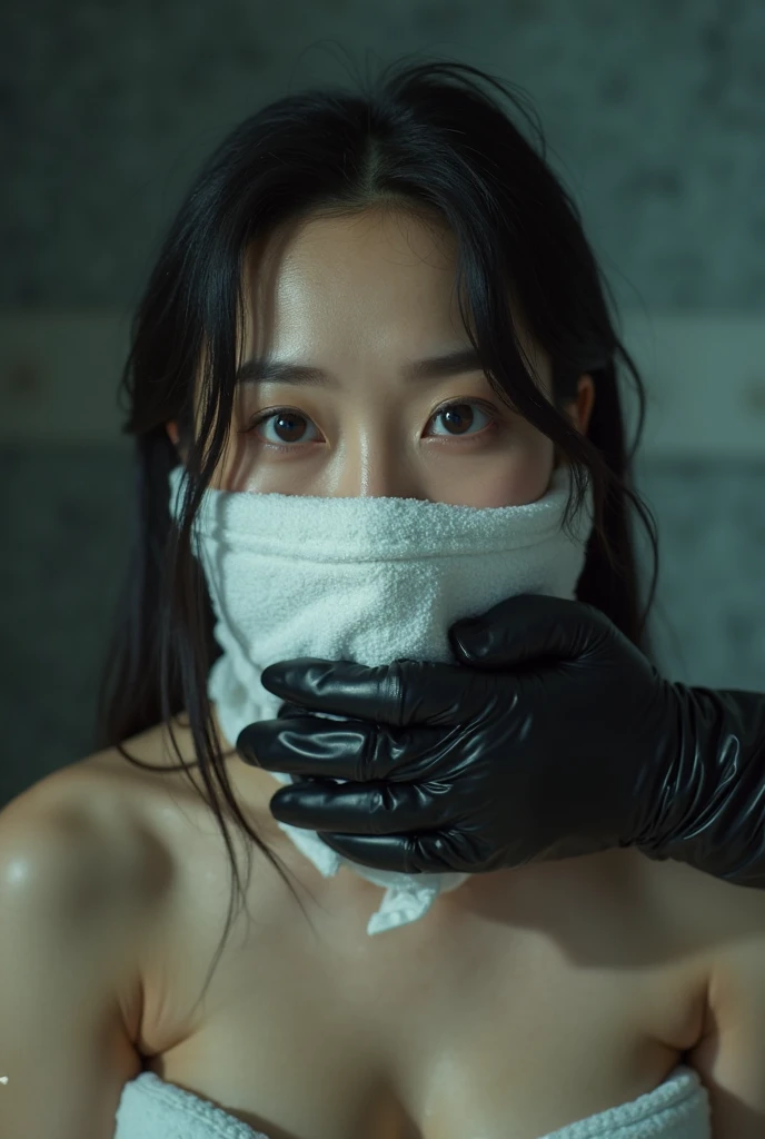 Bdsm girl, 12 years old, naked, beautiful face, skinny body, Asian, long flowing black hair, sweating, gas mask, 8k cg. Sitting on the floor of a cell, exhausted