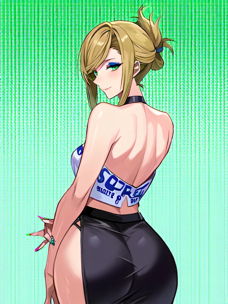 1 girl, alone, desumi magahara, short hair, blonde hair, green eyes, ???????????, medium waist, wide ????, medium thighs, round ????, pink sports top with black details, ???? shoulders, tight top, ???? waist, cleavage, black sports shorts, short shorts, ???? legs, black shoes, blushing, embarrassed, park, leafy, standing, good lighting, smile, alone, Dutch angle, looking at viewer, head on, point of view (from below), perfection antonia, perfect hands, cowboy photo,