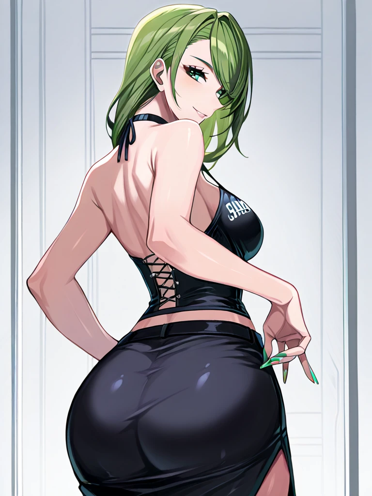 (solo:1.1),(masterpiece), (best quality:1.3), highly detailed, intricate, professional art, digital art, absurdres, confidant, emerald sustrai, futanari emerald sustrai wearing a crop top with arm gloves and pants confidently in a club,(Black see through top:1.4), (pants:1.6), 1girl, solo, (dark skin:1.5), green hair, bob hair, gold hoop earrings, gold jewellery, ab lines,(gold navel piercing:1.1), detailed stomach, red eye colour, dark skin, average breasts, (aroused:1.2), (futanari:1.1), (wide hips:1.4), (makeup 1:1), beestung lips, (black lipstick:1.3), large penis, panty straps riding hips, (large crotch bulge:1.4), crotch bulge, large testicles , furniture, fontal view, universal lighting