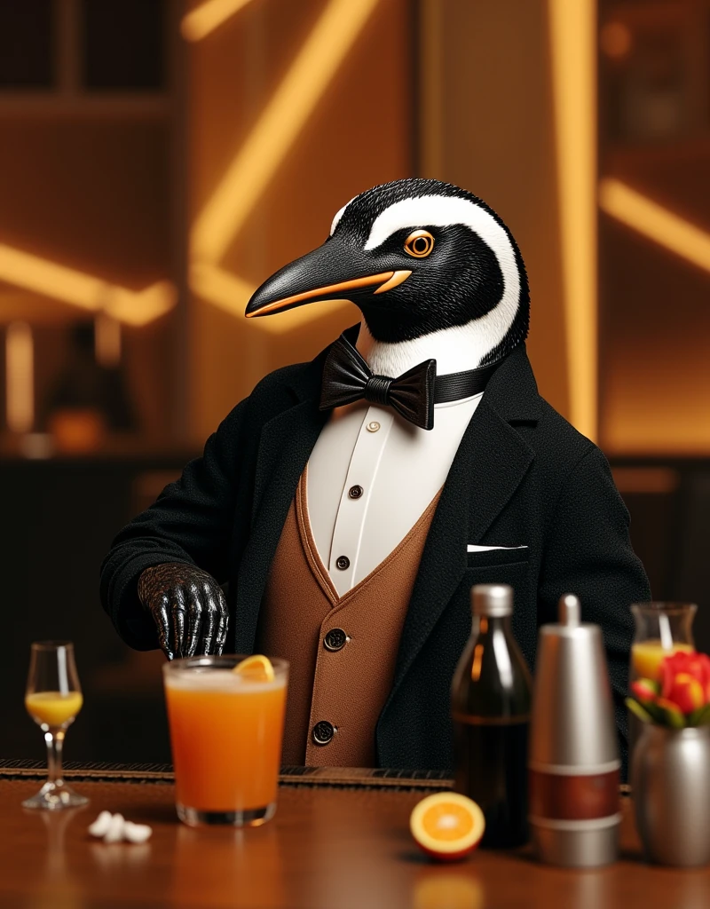 <lora:DressedAnimalsStyle:1>Dressed Animals Style, A dapper penguin, sporting a bow tie and a tailored waistcoat, stands behind a polished bar, expertly mixing a cocktail in an upscale, Art Deco-style lounge. The setting exudes sophistication and charm. The background showcases geometric patterns and soft ambient lighting, adding to the scene's elegant and timeless appeal.