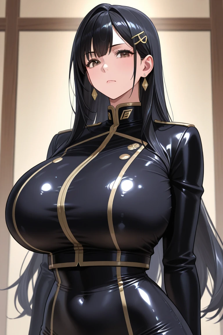 (high quality:1.1), intricate details, cinematic lighting, sharp focus, Annerose, 1girl, solo, standing, cowboy shot, looking at viewer, determined, very long hair, hair intakes, black hair, pointy ears, yellow eyes, lip gloss, (bodysuit:1.05), shiny clothes, large breasts, (covered nipples:1.1), sideboob, character in center, anime screenshot, sharp shader, loving personality