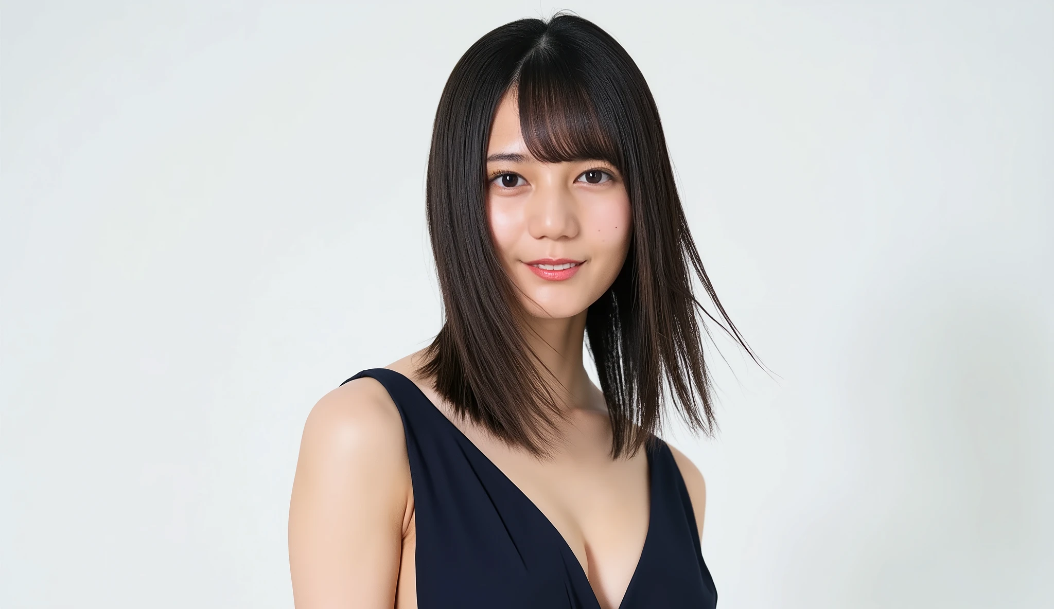high resolution portrait of a Japanese woman, photorealistic, masterpiece, Great Quality, complicated details at AKB theaters , Professional Lighting, simple background,( from the front ),upper body, mid-shot, Watch Viewers , smile, closed mouth,(standing), (cross your arms on your back), black hair, medium hair, , (Chest),(evening dress, Deep Crack,Chest cutout)
