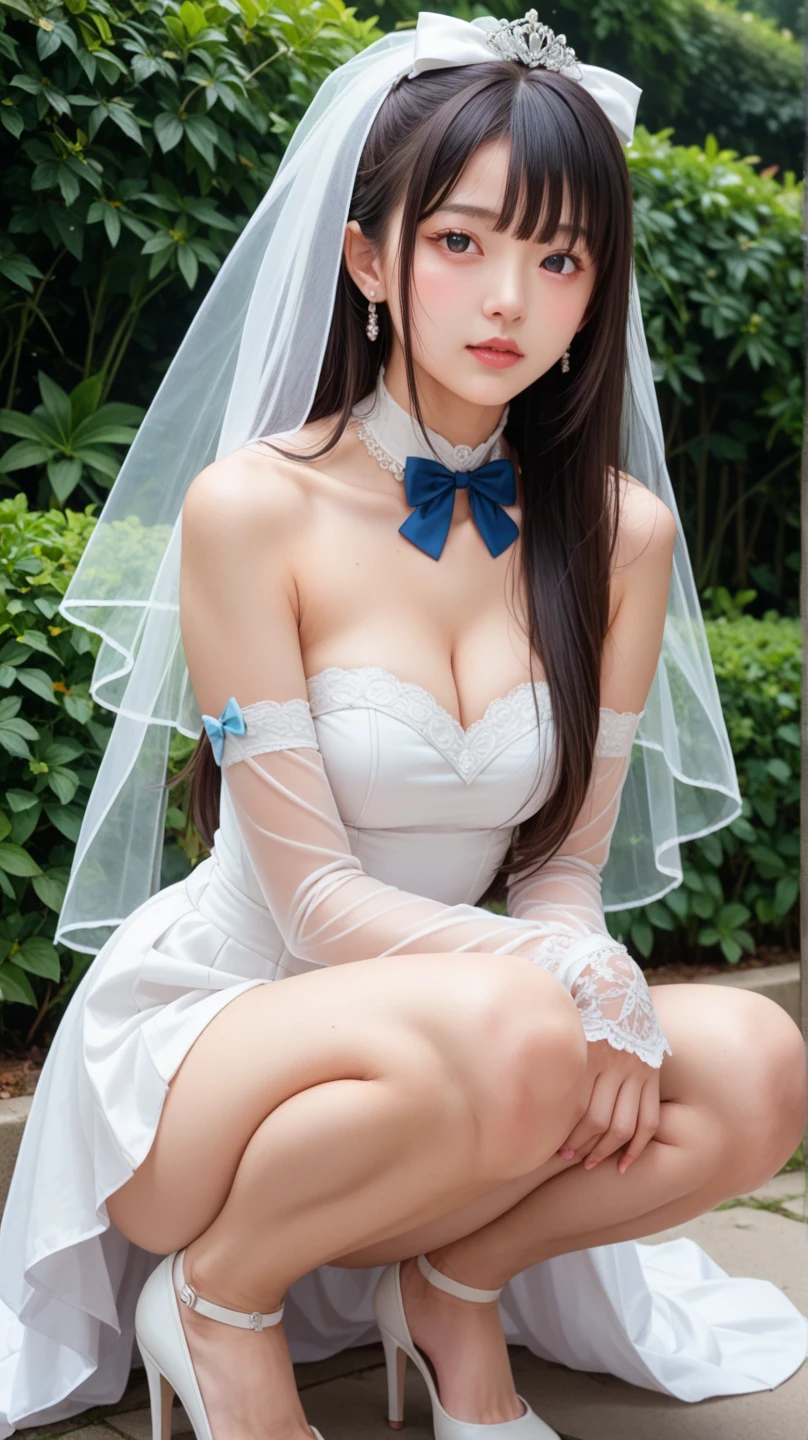 photo lifelike、Realistic garden background with many roses blooming、Young girl in Japan、16歳、short haired、silver haired、Braids、Girls 1 Full Body、small breasts of rounded shape,、、Perfect Body、Beautiful body lines、Japan Cosplayers、Extraordinary、Happy expression、Sweaty skin all over、Girl wearing a cosplay costume with very transparent skin、Random Poses、Shanghai Alice、Touhou Project、Sixteen Nights、izayoi sakuya、Blue Maid Outfit、Maid headdress、Half-sleeved、ribbons、the apron、Cosplay hobby、bra less、No panties、Exposure disorder、nacked、 Female nudity、uncensored、Real human breasts、Small nipple rings、mekosji、female pubic-hair、Small buttocks、Sheer visible breasts、Small nipple rings、mekosji、female pubic-hair、Small buttocks、Small nipple ring at the tip of the chest protruding from the cosplay costume、The shape of the mekosuji clearly visible in the crotch protruding from the cosplay costume、Female pubic hair in the crotch protruding from the cosplay costume、、Angle of view with the viewer looking up at the girl from below