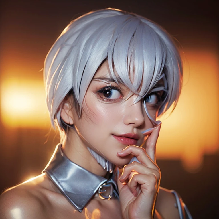 masterpiece, Highest quality, Very detailed, 8k, Realistic, One Girl, alone, Tomboy, Very detailed face, (head shot:1.5), Standing in front of a wall covered in hip hop graffiti, Pixie cut white hair, He is wearing a short tank top and an open-zipped hoodie.....,I can see your chest,Nice ass,Wear a New Era cap.naked、((Small breasts))