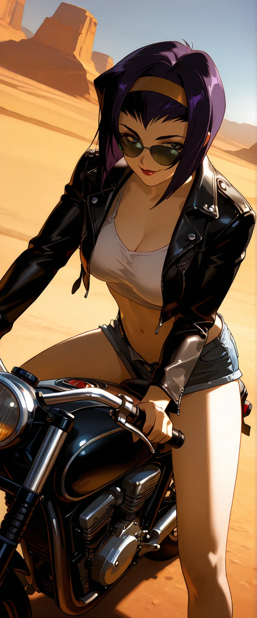 1 woman, faye valentine, dutch angle, purple hair, green eyes, black leather jacket, sunglasses, white tank top, denim shorts, riding a motorcycle, seductive smile, seductive pose, outdoors, desert, chiaroscuro, masterpiece, high quality, highly detailed
