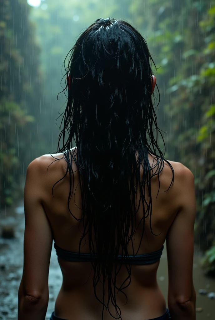 There is a woman with long black hair standing in the grass., wet skin and windblown hair, wet dripping long hair, wet hair, wet flowing hair, wet dripping hair, inspired by Elsa Bleda, naked against the storm, carnal ) wet, rain and thick strands of mucus, inspired by Ren Hang, soaking wet hair, soaked body