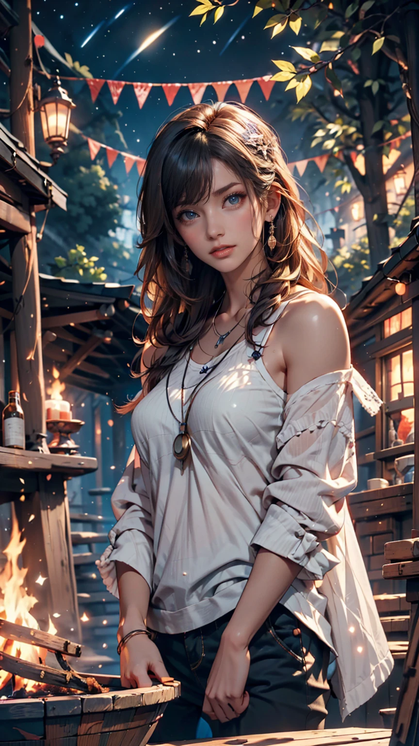 a hyper-realistic portrait of a young woman, half asleep, under a tree, inside a forest, in the middle of nature, 22 years old, realistic, (lying on her side), she is wearing a red panties, (wearing a garter belt and black pantyhose), sexy, (huge breasts 2:1), torn, (all torn), short brown hair, (hair tied with bows), curved, SFW