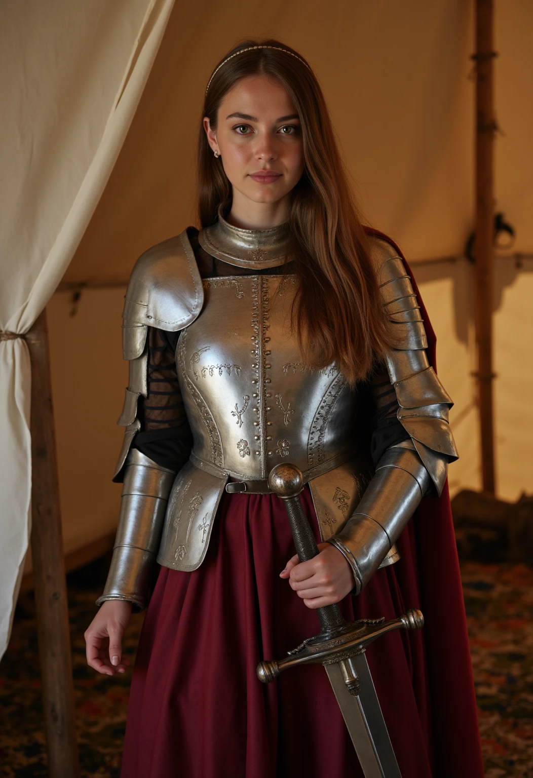 (masterpiece:1.2), (best quality,:1.2), 8k, HDR, ultra detailed, ((photorealistic)), professional light, cinematic lighting, fashion photography, ambient lighting, <lora:detail_slider_v4:2.5>, a female medieval knight, wearing intricate full plate armor and chainmail armor over brown robes, MetAr, <lora:MetalArmor-10:0.7>, epiCPhoto