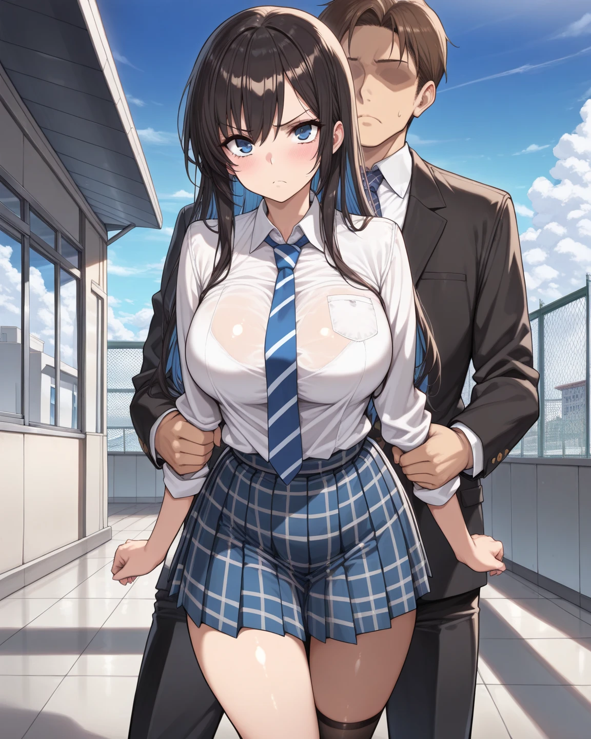 (NSFW:1.4)、(masterpiece, Highest quality), Intricate details,(buzzer、Near the steppe)、(Black Hair)、(headdress, red necktie, military uniform, blue thighhighs, brown gloves)、(Blue and white outfit、hat、White tights、Gloves、skirt)、(The men around me were wearing black tights.、The men around me are wearing sunglasses、The men around me wear masks)
One Woman、(Clothes get torn)、(20 year old female)、(Eyebrows lower、cry、shout、run away、Clear liquid comes out of the crotch、Blood flows from the groin)
Bearded Man, surrounded by Three Men, Scared, Think carefully, dark,Blood,(Three Men)、A man grabs his waist、Bearded Manが胸をつかむ、Young man hugging、Bearded Manが腕をつかむ、Grab the leg、Man and woman having sex、M-shaped legs、(cry、The dick goes in between my legs)、fight、Tying your hands、Bind the chest with a rope、Prisoner、imprisonment、(excessive cum、cum on body:1.2、cum in puss)、(Old man licking breasts)、(Hug、Touching the chest)、((nsfw),(2man and 1woman,having sex),(girl on top,straddling),( ceiling)、(Put your hands in your pants、Having a dick)、(The man is dressed as a soldier、A muscular man forcefully hugs a woman)、(Women cry)、(Infantry rifle、Long barrel gun、Wooden gun)、(White liquid comes out of the crotch)、Side view、(Tape gag、Tied up with rope、Hands behind back、ロープでTying your hands、Bind the chest with a rope)