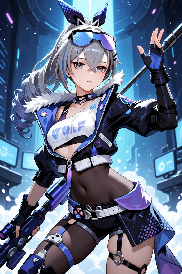 Beautiful woman medium hair、hated、cyberpunked、a short bob、a blond、White Summer Knitted Cap、 odd eye、blue right eye、Green left eye、Blue Leather Vest、Long white T-shirt、White Cargo Pants、Black Engineer Boots、head phone、2Holding a pistol、Sprint、In front of Shibuya Station、natta