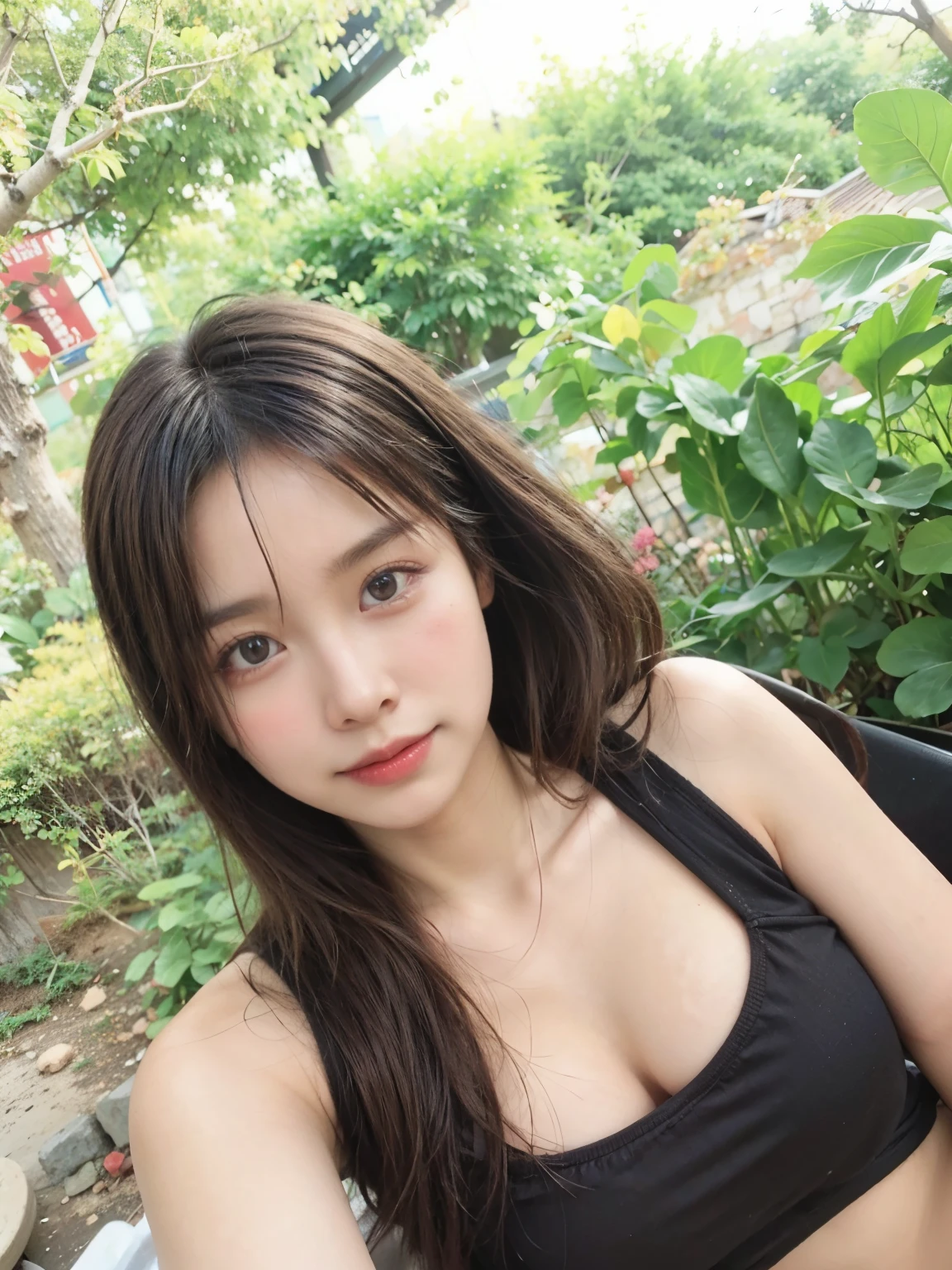 （（Surreal、imagen súper detallada, tal vez una foto.，Capta los detalles de la textura de la piel de una mujer increíblemente hermosa..））pelo negro largo y liso。bare_shoulders,, blush, breasts, closed_mouth, eyebrows_visible_through_hair, long_hair, looking_at_viewer, medium_breasts, multicolored_hair, shirt, simple_background, sleeveless, sleeveless_shirt, solo, upper_body, outdoors_background, white_shirt, 
