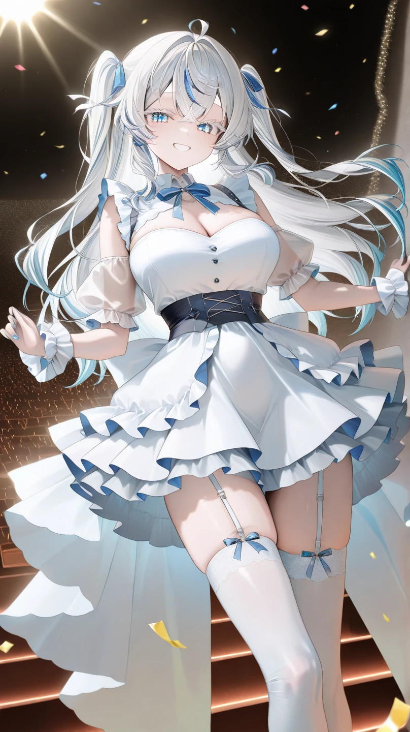 Ultra-realistic 8k CG, beautiful girl with white hair, blue eyes, open mouth, puffy, plump body, corset breast, fleshy thighs, white patterned stockings, high heels, full body, looking at the audience, symmetry,