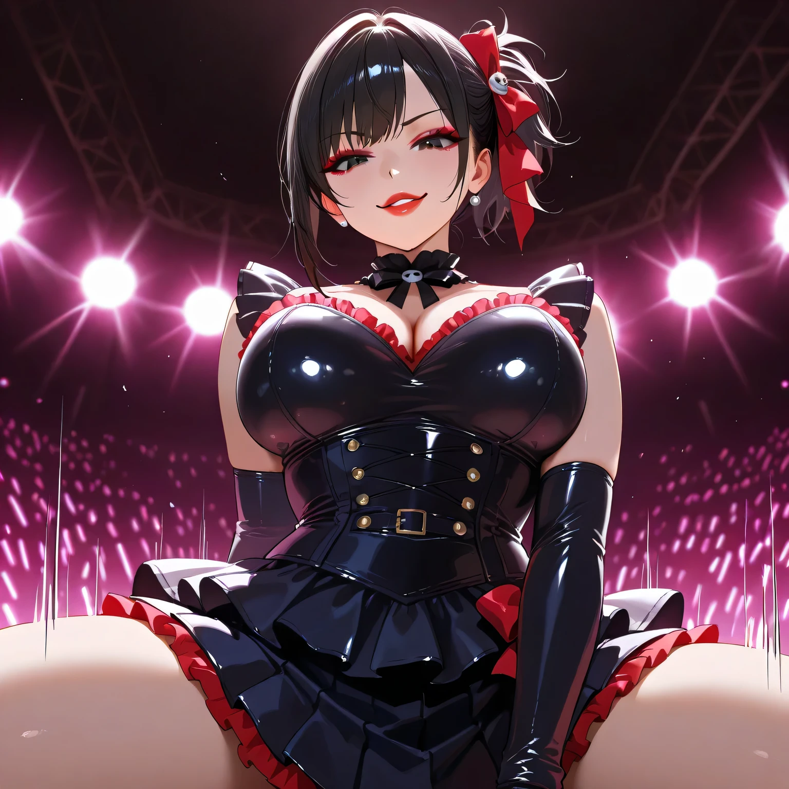 a 20 yo woman、(masterpiece:1.4)、(in 8K、realisitic、Raw photo、top-quality:1.4)、(Real Face:1.4)、(real looking skin:1.3)、超A high resolution、Black eyes、black hair shorthair、magician、silk hat、Black ceremonial clothing、White collared shirt、Black tie、(huge-breasted:1.5)、Blushing、alluring face、a smile、stick、On stage