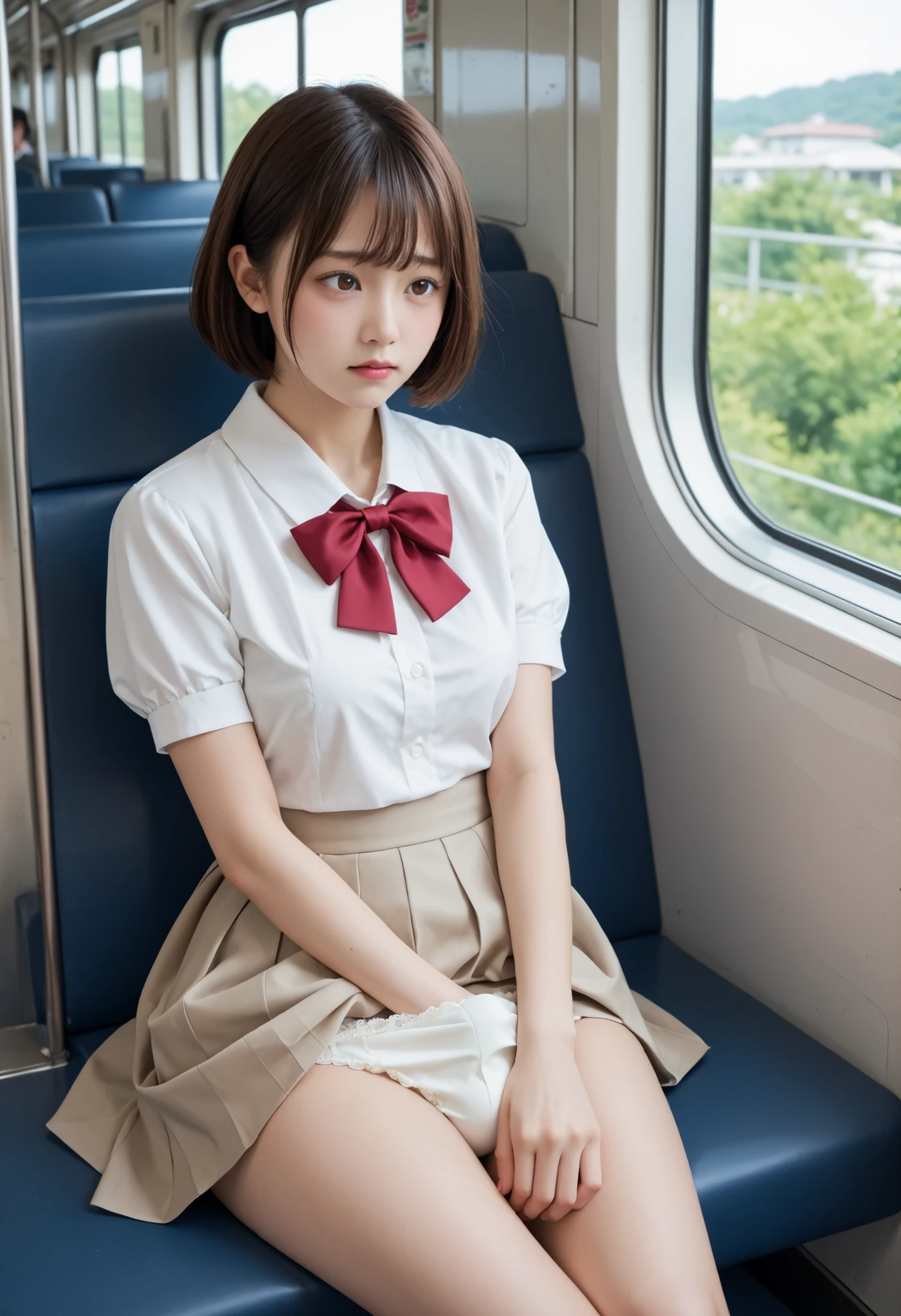  White loafers ,  ,   side head,, short hair, brown eyes in the bedroom, (Japanese Girl), (normal Japanese face ), Ultra-thin skin, top quality, very detailed face, bright colors, (curved body), one girl, alone, looks embarrassed   (anger:0.1)  And they're feverishly confused , brown hair, skirt for ears, white blouse, red ribbon, sitting in the train seat,   beautiful thighs, (embarrassing), ,  Shining thighs, white panties, close-up, She touched the big bag on the seat,, Erection under clothes