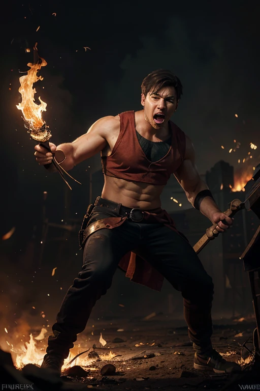 A muscular nerdy geek cartoon hero, clad in a tattered shirt, shorts and sneakers, brandishes a flaming sword as flames consume the sky. In his muscular right arm, he clutches a large, mystical tome. Beautiful Women seeking refuge, and his protection.