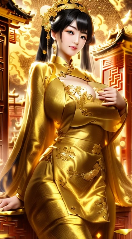 Black Hair, Immortal, Beauty, Royal sister, Stepmother, Gold Yellow Taoist robe, Golden Phoenix Coronet, Hair Bunch, Beautiful Breasts , Mature Woman,Sunshine