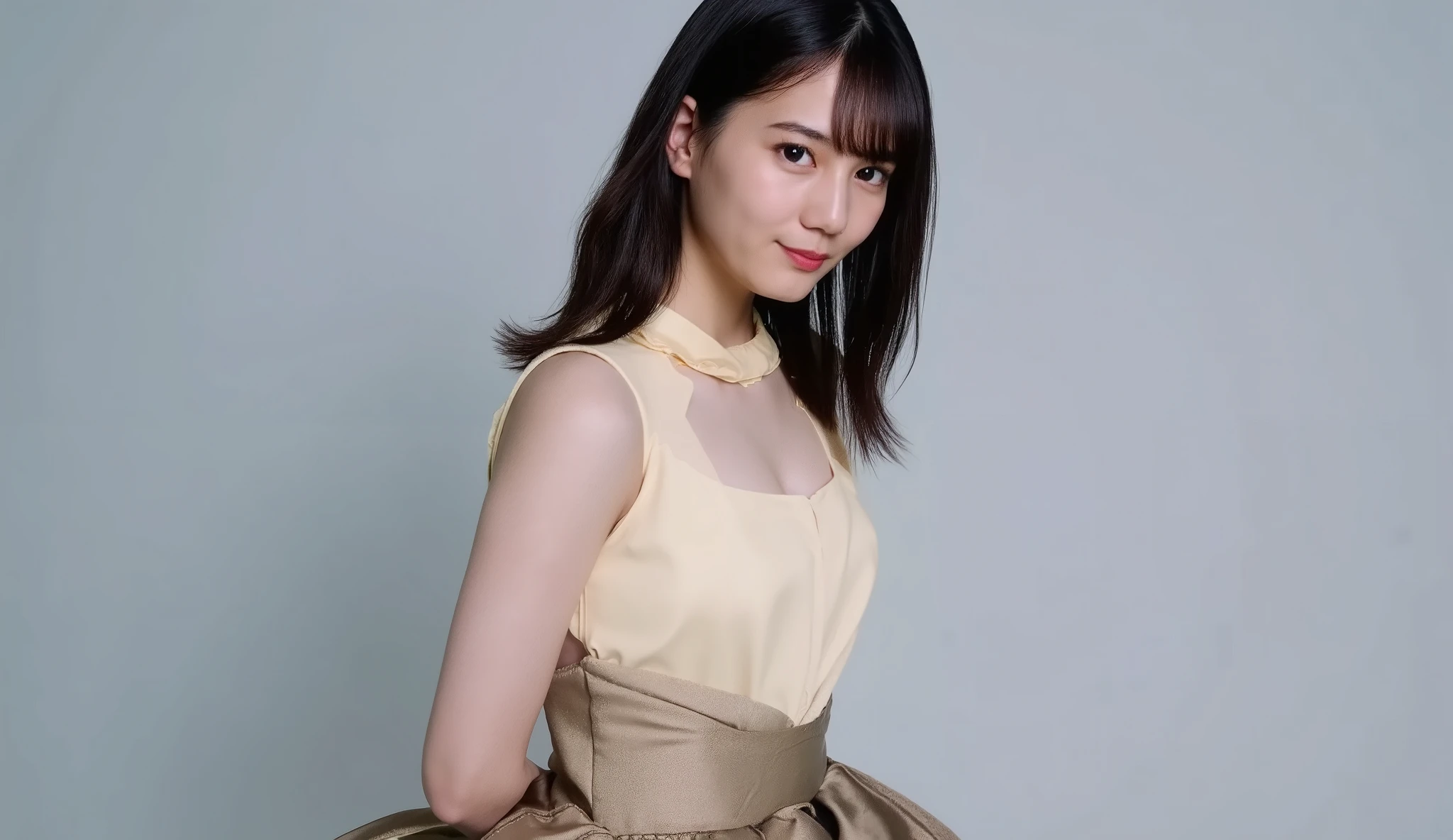 high resolution portrait of a Japanese woman, photorealistic, masterpiece, Great Quality, complicated details at AKB theaters , Professional Lighting, simple background,( from the front ),upper body, mid-shot, Watch Viewers , smile, closed mouth, standing, cross your arms on your back, black hair, wavy hair with a graceful expression, medium bust, Chest,Chestが大きく開いたイブニングドレス, Chest cutout