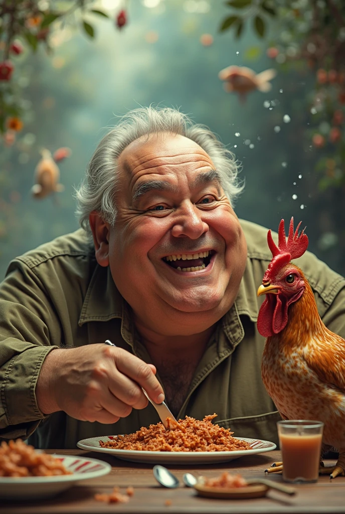 An old man with the face of Lula in a red shirt and red cap holding a piece of picanha and drinking beer