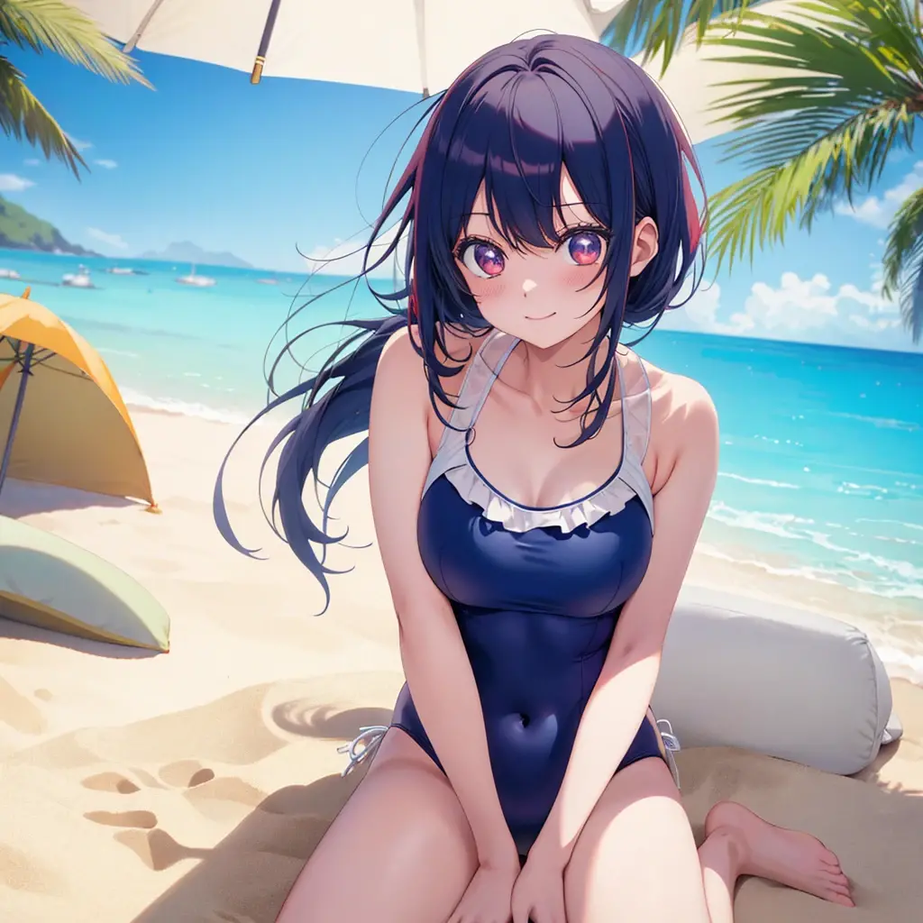 Random Swimsuit、Acme Face、Random pose、, Pale purple eyes、Pale purple eyes、Semi-long hair、nsfw、Highest quality、1 girl、独奏、Ocean、Sandy Beach、Sexy pose、Random pose、Blushing、wet、Embarrassed、I can see half of my 、、One piece swimsuit、(Strap slip:1.3)、Swimsuits in random colors