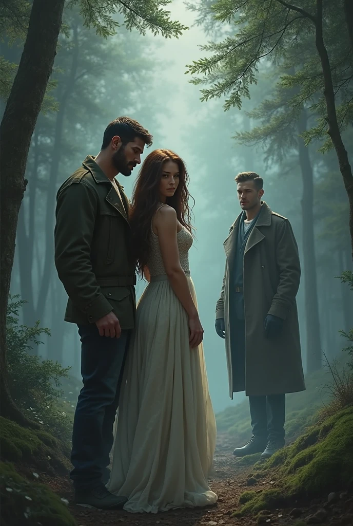 A man and two women standing in a forest, arranged in a triangle formation (the man at the top point, with the two women at the other points). The atmosphere is heavy and tense.