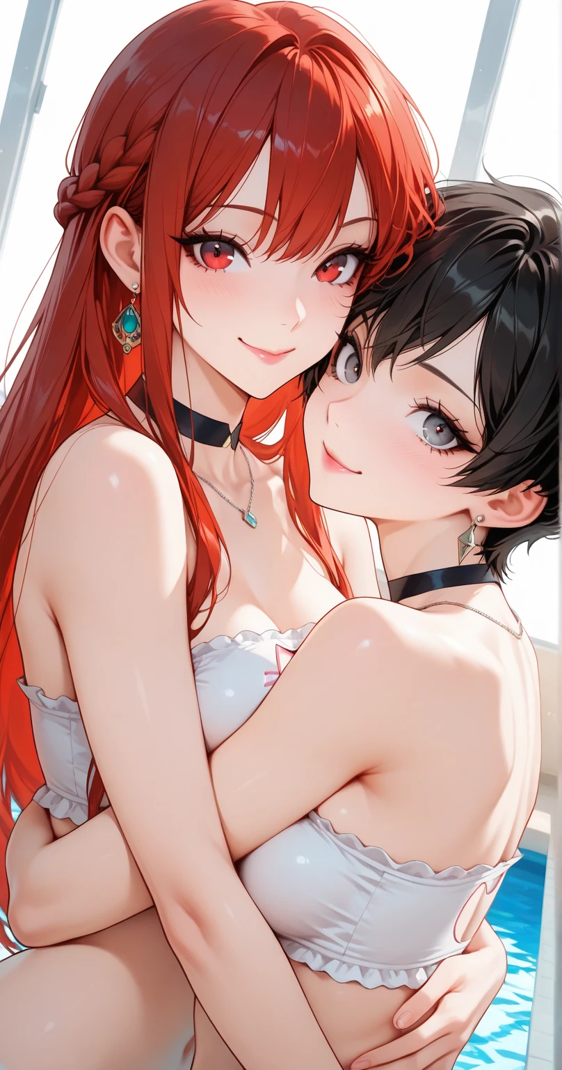 A red haired woman with red eyes is kissing a black haired woman with brown eyes from behind.