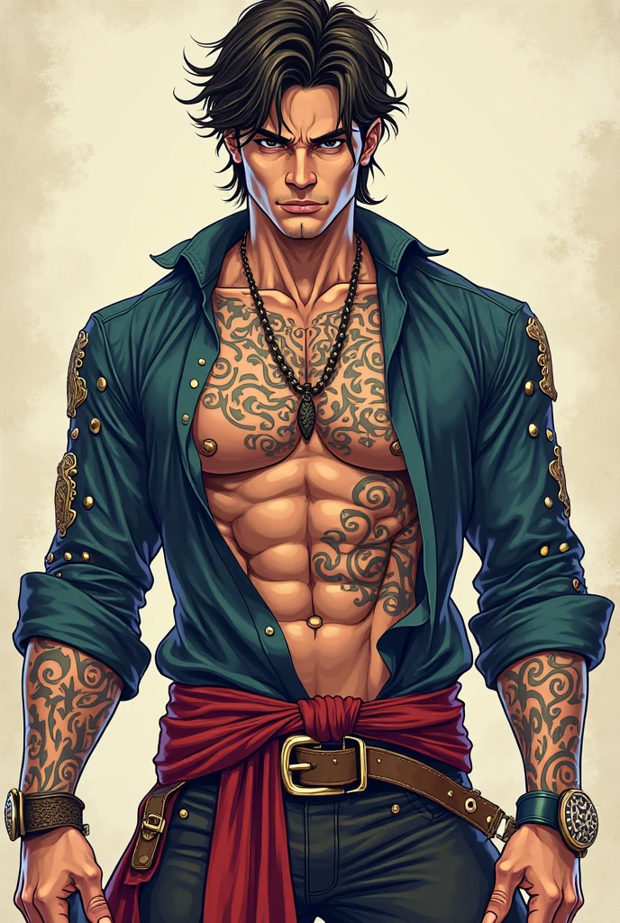 Roronoa Zoro, serious, Shirtless and in a very sexy pose 