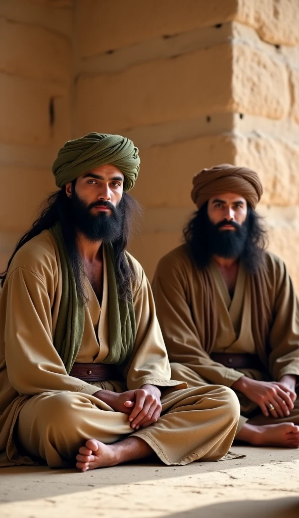 Two beautiful Arabians with slightly connected eyebrows sitting in an oasis. Both have dark black slightly curly hair that reaches to the shoulders. They have dark eyes They should wear green Arabic clothes like in the year 700 and turbans, of which fabric hung over their shoulders. The colour of the clothes should be dark green and the turbans white. One of the two should be a companion of the other. In the background you can see her two wise Arabian horses galloping peacefully. In addition, the people should wear ancient Arabic sandals. One of these people is said to be very knowledgeable. Her body is completely covered. Turbans should also cover the forehead . Beard is long to the chest and the moustache is shortened. They should also have a Dark Bishit. And dark skin and connected eyebrows. They should be completely covered Both have long beards and trimmed moustaches
