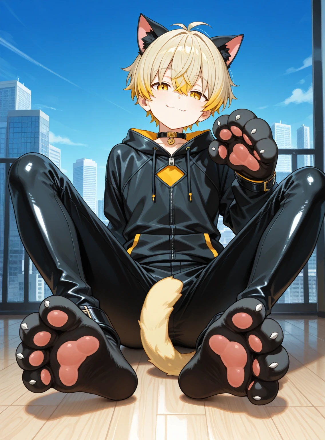 Golden Slime Snow Leopard Cub,Wearing black boxers,kneeling
