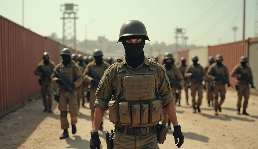 A group of people wearing black masks、Armed Palestinian male soldier carrying live ammunition,High-definition facial features