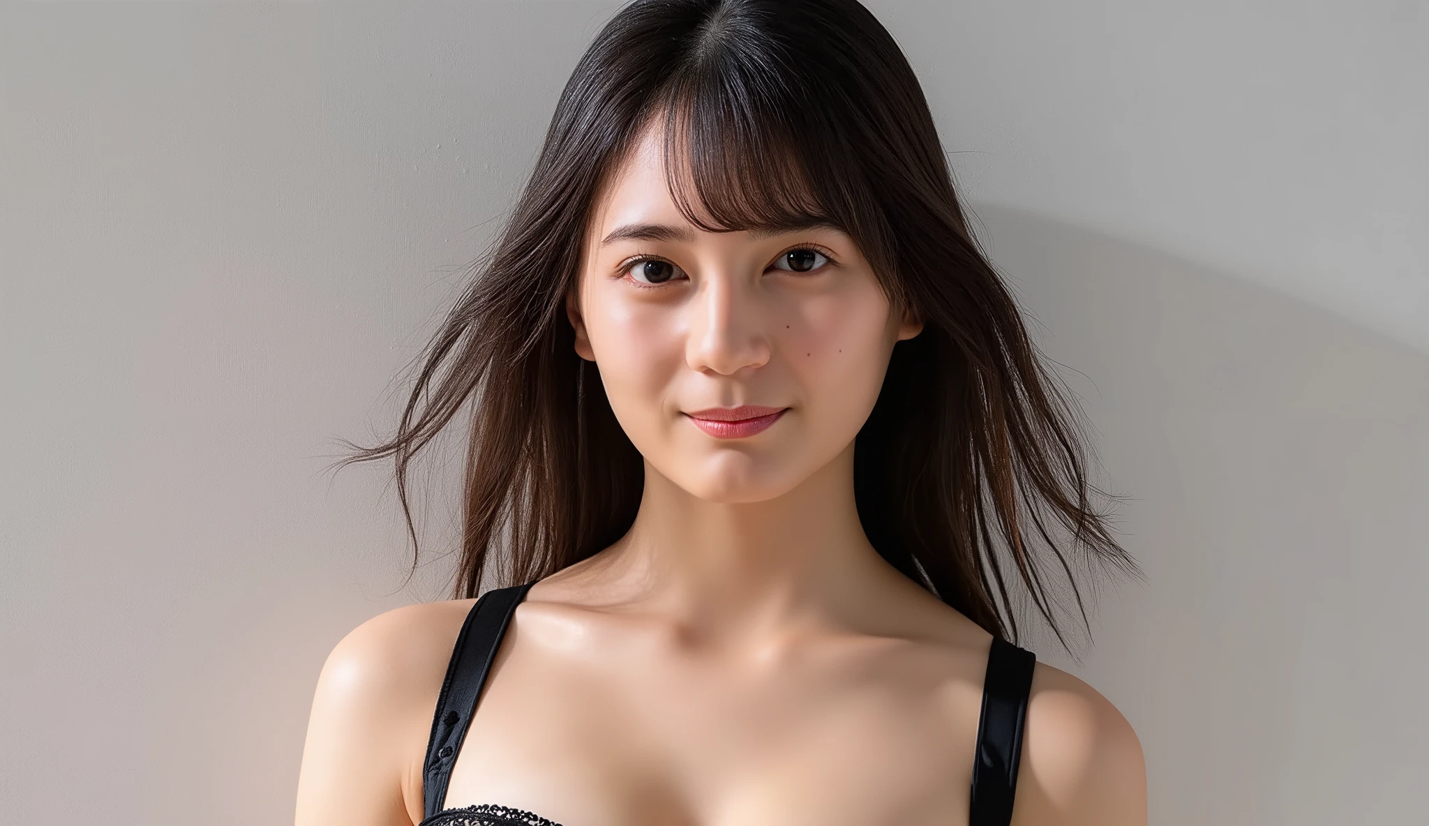 ((( high resolution,Highest Quality, Super Detail, masterpiece , very well detailed,realistic,real people,Super Detailな肌))) ,simple background,( from the front , from above),upper body, mid-shot, Watch Viewers , (smile, closed mouth), (standing), (Combined Arms), black hair, wavy hair with a graceful expression, medium bust, Chest,(Black Bra,strapless, panties with DECOR)