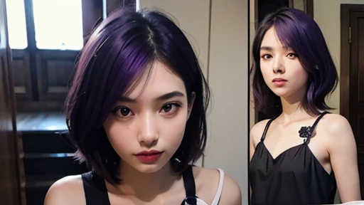 Japanese girl with short wavy hair cut bob taking a selfie in edgy clothes short blouse squeezes curves homemade selfie 