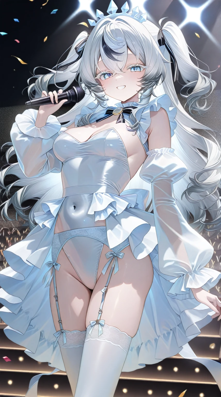 highest quality、High resolution、detailed background、beautiful and detailed face、beautiful and smooth skin、skin texture、professional lighting、Beautiful teenage girl、((three women))、cute hairstyle、 white bra、white panties、white knee high socks、white pantyhose、Pull Panties、panty shot、Live Events、live camera、dancing、sing、laughter、smile、sexy pose