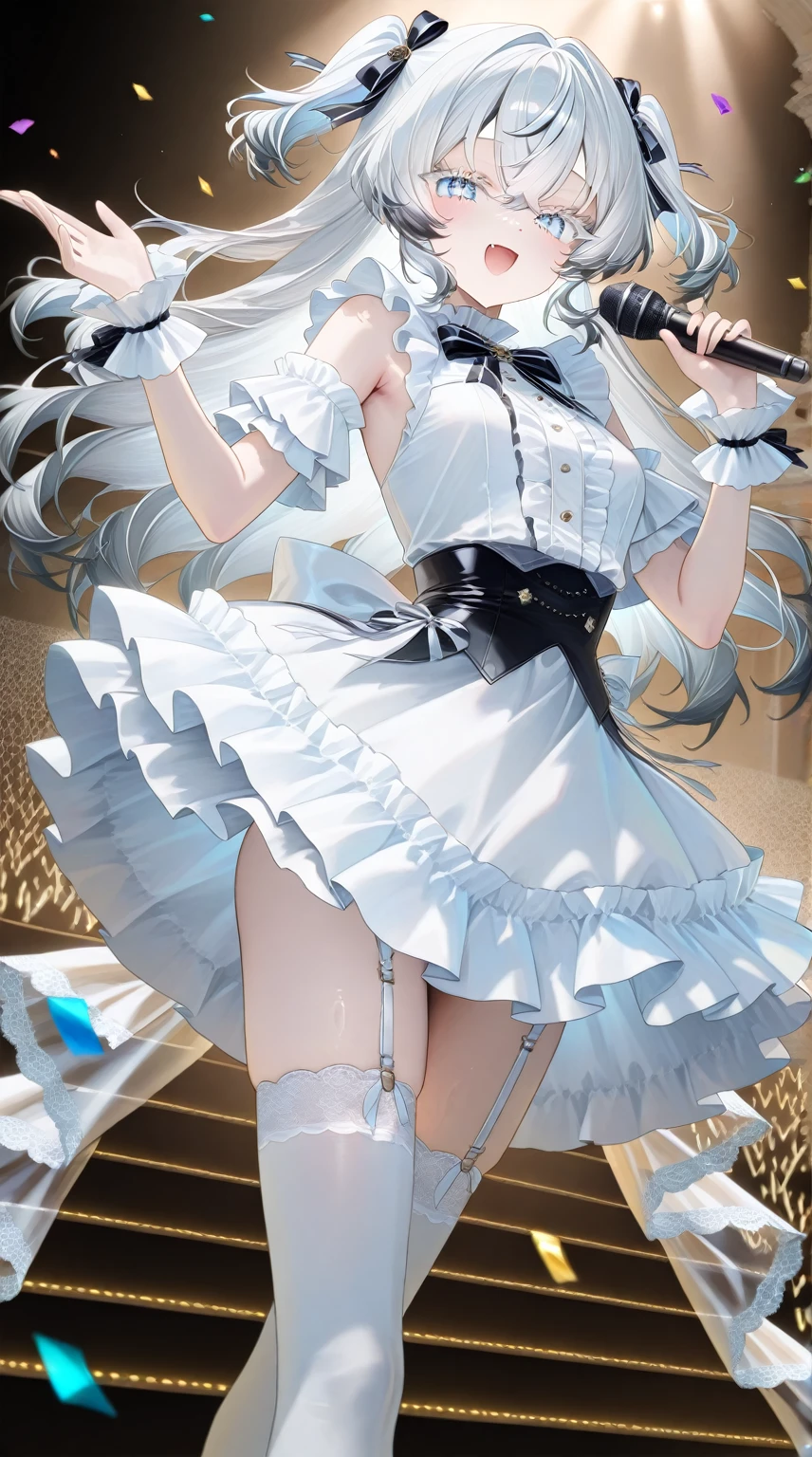 (1 girl),((high quality)), ((High resolution)), ((Very detailed)), (8k),(CG)、(Cute Bra)、(Cute Panties)、(Knee-high stockings)、Long Hand Gloves、Neutral white lighting,Sexy pose、Messy Hair、Hands behind the head、
