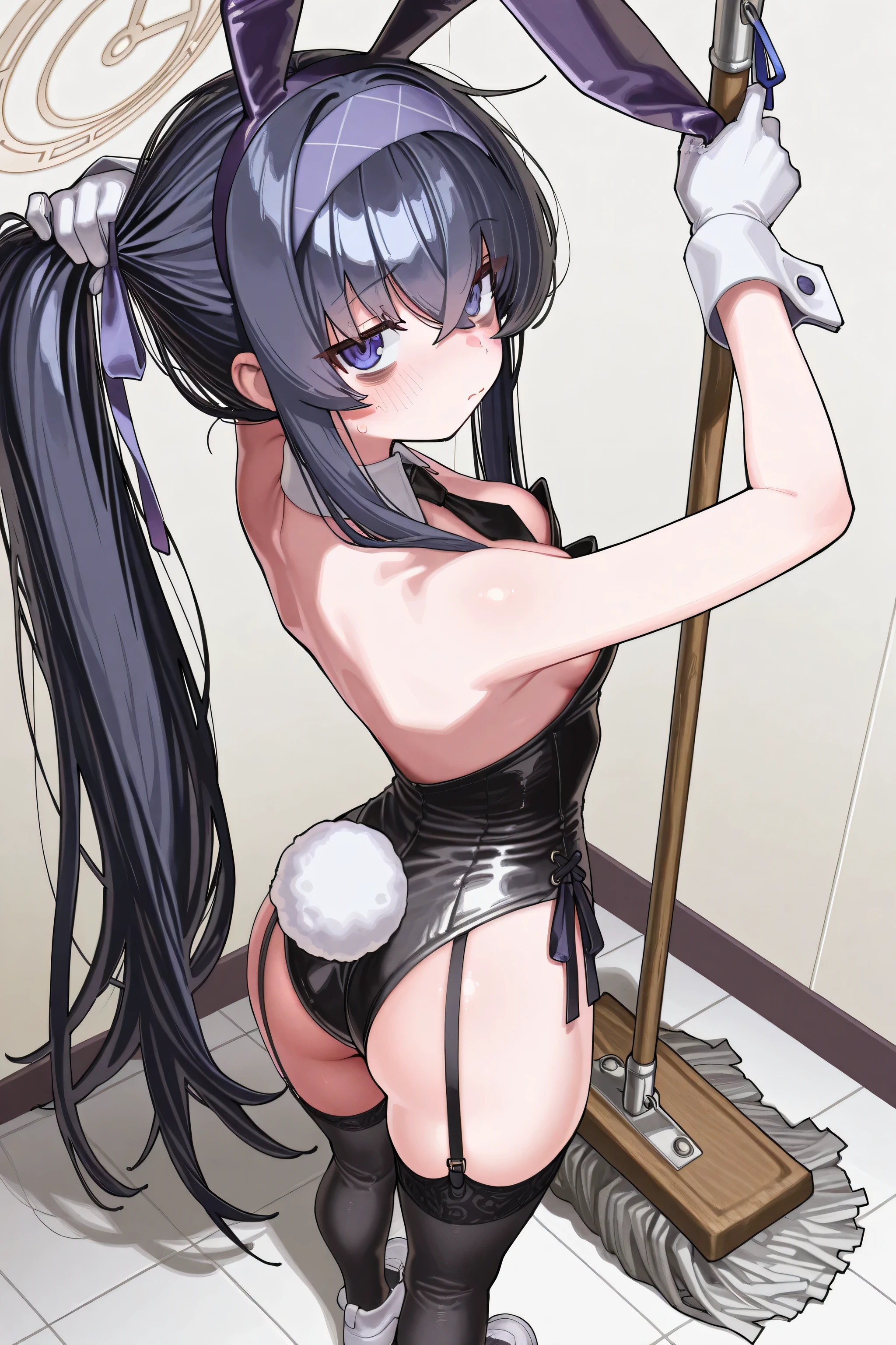 kmj-anonstyle, [artist:yoneyama mai], [artist:kanzarin], [artist: ekrea_jan], masterpiece,best quality,amazing quality, 748cmstyle, solo, eye focus, blue archive, ui (blue archive), 1girl, animal ear hairband, animal ears, bags under eyes, black garter straps, black hair, black hairband, black leotard, black necktie, black thighhighs, blush, breasts, cleavage, closed mouth, crossed bangs, detached collar, fake animal ears, fake tail, from behind, garter straps, gloves, hair between eyes, hair ribbon, hairband, holding, holding mop, leotard, long hair, looking at viewer, mop, necktie, purple eyes, purple hairband, purple ribbon, rabbit ear hairband, rabbit ears, rabbit tail, ribbon, shoes, sidelocks, small breasts, solo, strapless, strapless leotard, sweatdrop, tail, thighhighs, tying hair, white gloves, white shoes, wrist cuffs