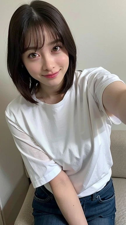 one girl, , 8k, RAW photo, best quality, masterpiece, realistic, photo-realistic, clear, professional lighting, BREAK, no makeup face, smile, shirt, solo, gym uniform, ブルマ, buruma, white shirt, BREAK, (short cut hair, small breasts:1.2), (looking back:1.2), black eyes, black hair, full body, (classroom:1.2)