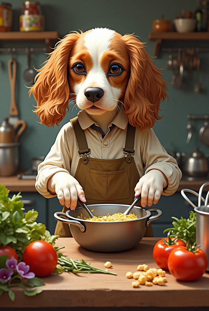 Make an illustration of a hybrid cocker dog with a human, cooking for human ren. 