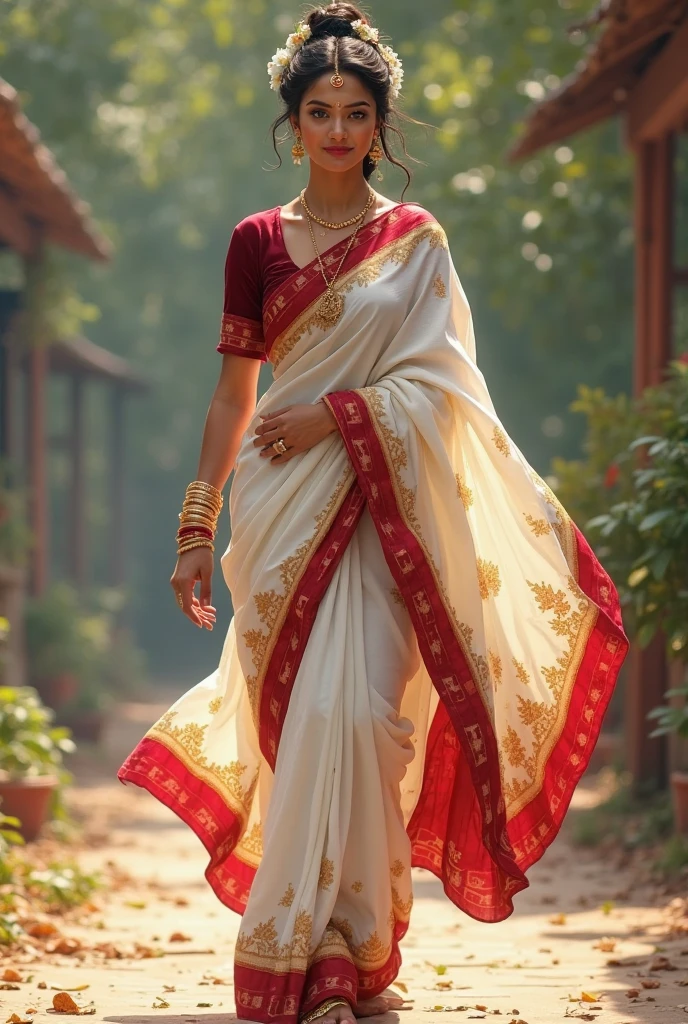 A beautiful woman in a white saree red border pallu on head with bindi Bengali style and a mole in her face standing full body displayed realistic